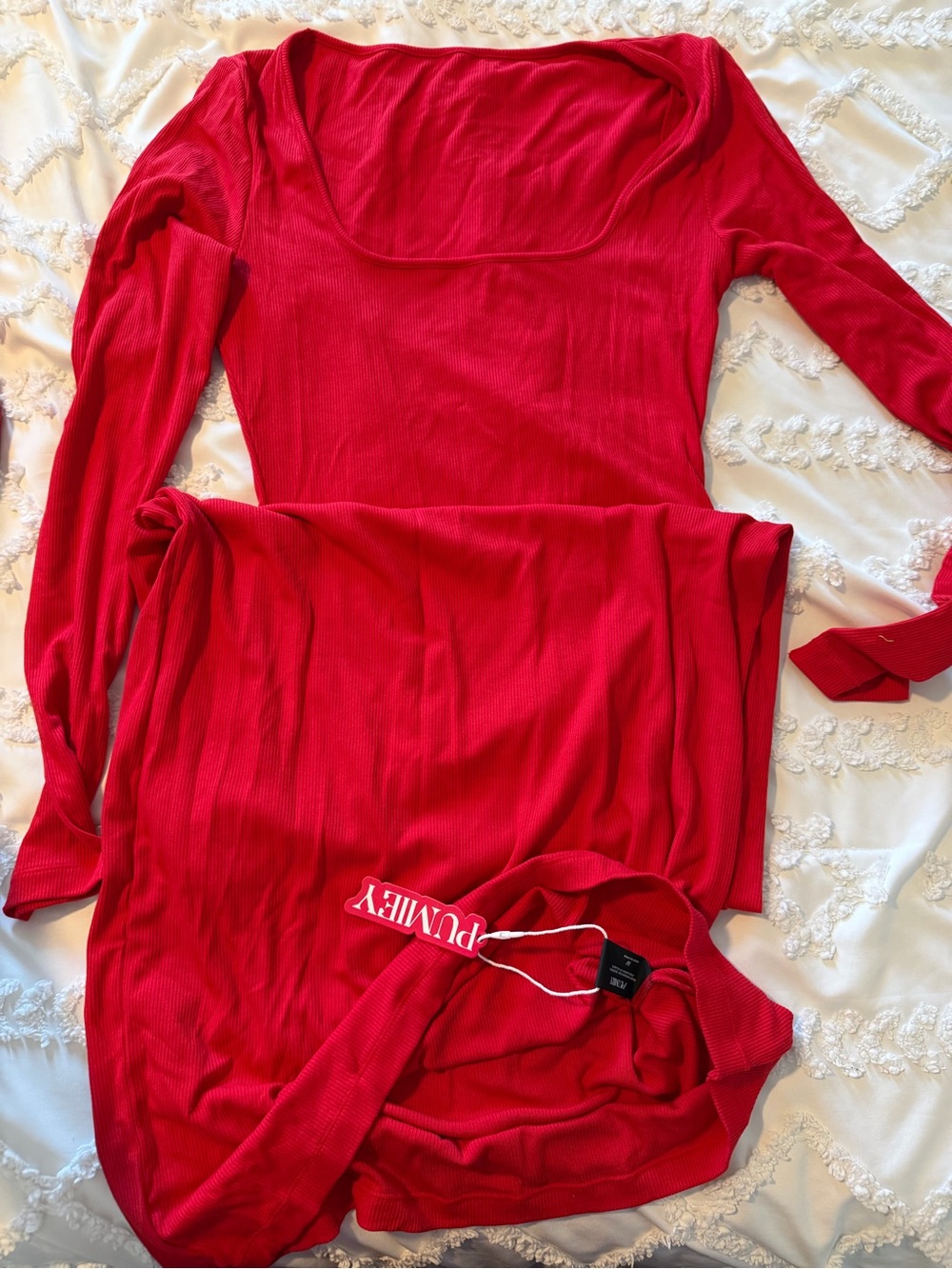 Red Long Sleeve Ribbed Dress - PUMMIEY